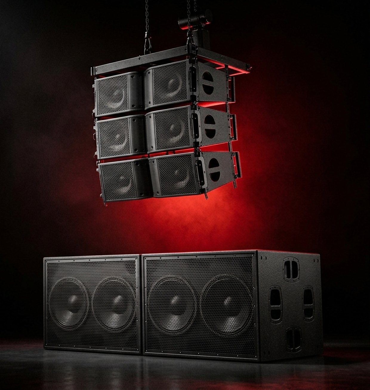 Line-array speakers and subwoofers under red stage light